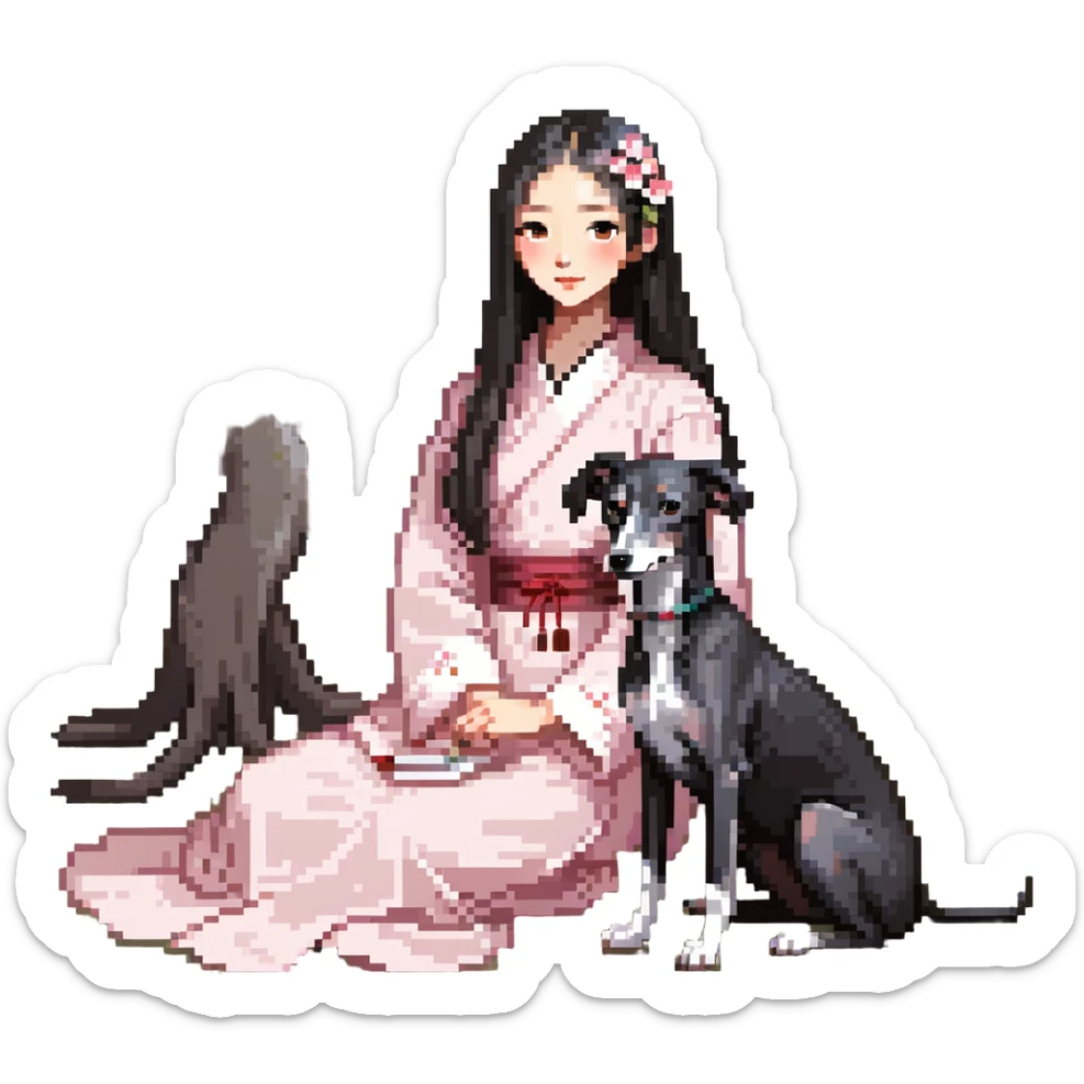 A young Chinese girl with long black hair and a dark grey Italian Greyhound with absolutely no white marks on its body or nose sitting under a cherry blossom tree sticker
