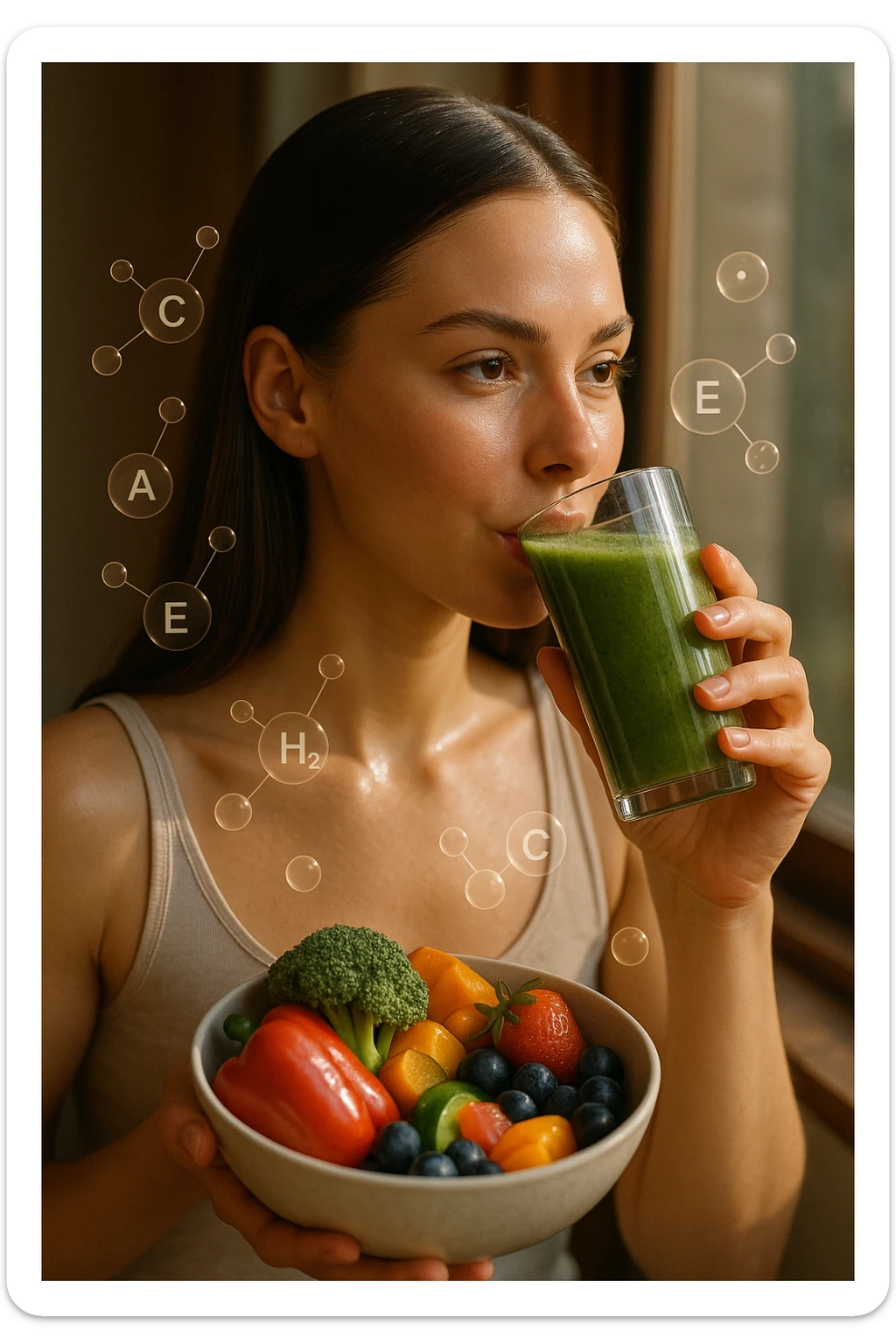 A highly realistic, cinematic portrait of a young woman in her late 20s with glowing, clear, healthy skin and a vibrant scalp with strong, shiny hair, symbolizing internal health reflecting outward. She has a calm, confident expression while sitting by a window with warm daylight softly illuminating her face, highlighting smooth, hydrated skin with a natural glow. Her hair appears clean, full, and strong, indicating a healthy scalp and balanced sebum production. She is drinking a glass of green smoothie rich in antioxidants and holding a bowl of colorful fruits and vegetables, symbolizing how internal nutrition supports skin and scalp health. Subtle, softly glowing overlays of molecular symbols for vitamins, minerals, and hydration molecules gently swirl around her, visually representing the concept of beauty and skin health from the inside out. Style: 35mm hyperrealistic film look, warm tones, soft depth of field, focusing on clear skin texture, healthy scalp, and vibrant hair to inspire holistic wellness sticker