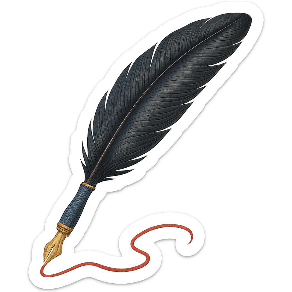 Quill pen with red ink, gold nib, black feather, blue handle, elegant literary style sticker