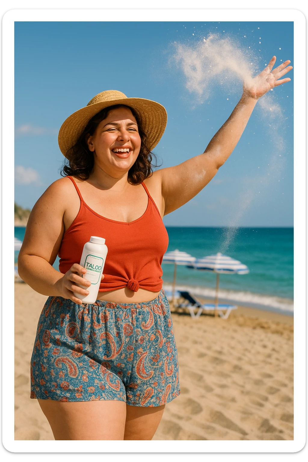 Donna in spiaggia che butta il borotalco italiano, la donna è intorno ai 66kg sticker