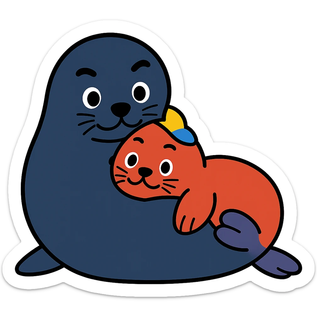 Transform the seal pup and mother in the image to resemble Yo-chan and Tusk-chan from Tokkari Centre, maintaining the affectionate pose and preserving the transparent background. sticker