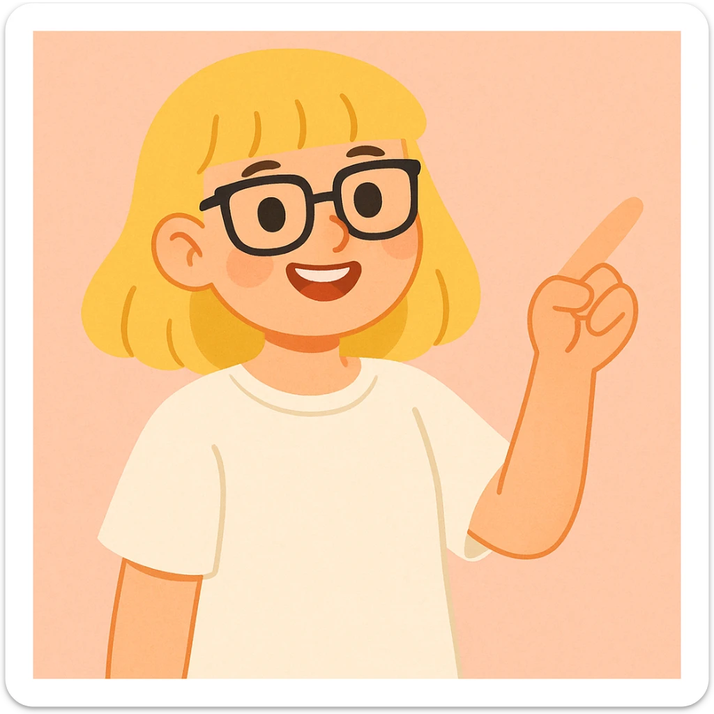 Smiling girl with blonde hair, bangs, and brown eyes, wearing black square glasses and a white oversized T-shirt, pointing her finger up to the right, soft pastel illustration style sticker