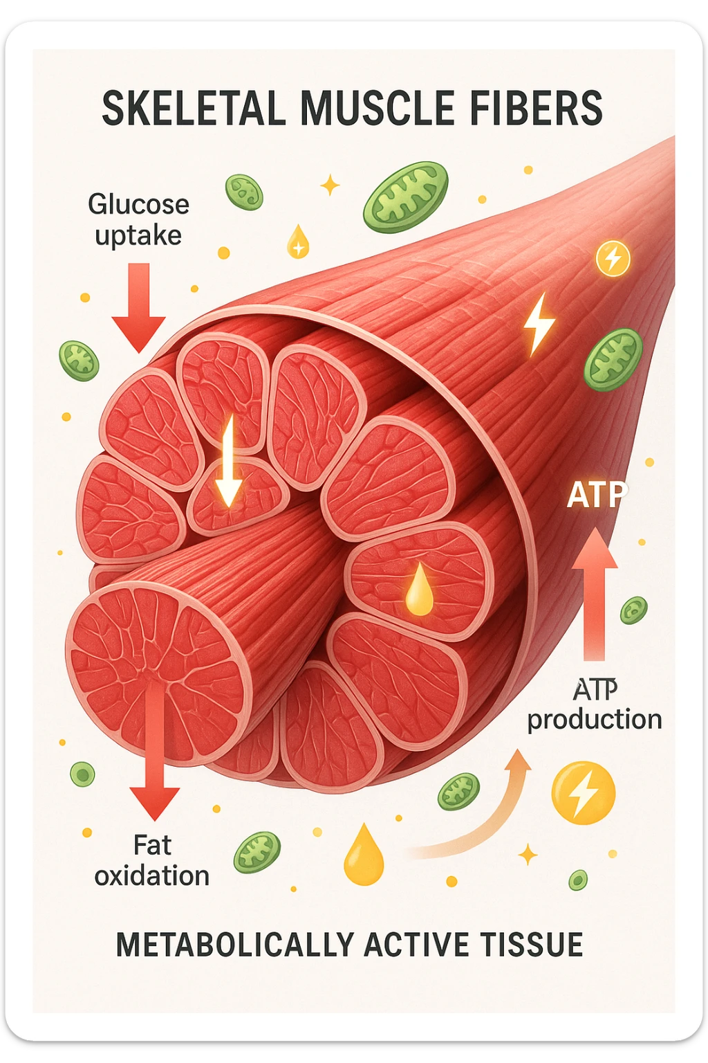 a highly detailed cross-section of human skeletal muscle fibers, shown in vibrant red and pink tones, with visible striations and realistic texture. Glowing arrows and animated icons represent active metabolic processes—such as glucose uptake, fat oxidation, and ATP production—occurring within the muscle tissue. Surrounding the muscle, floating symbols for mitochondria and energy highlight its metabolic activity. The background is clean and clinical, with subtle labels and infographics explaining that muscle is a metabolically active tissue. The overall style is modern, scientific, and visually engaging, suitable for educational or medical use. in italiano sticker