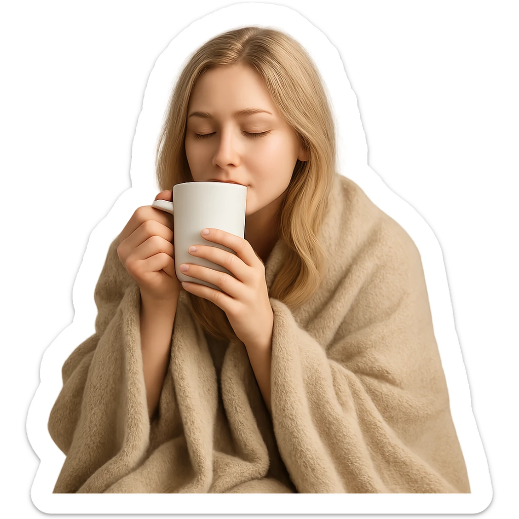 blonde girl wrapped in a blanket, sipping coffee with eyes closed, cozy and peaceful sticker