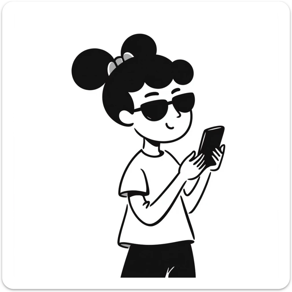 Girl with huge lips, sunglasses, bow on her hair, holding a phone with attitude sticker