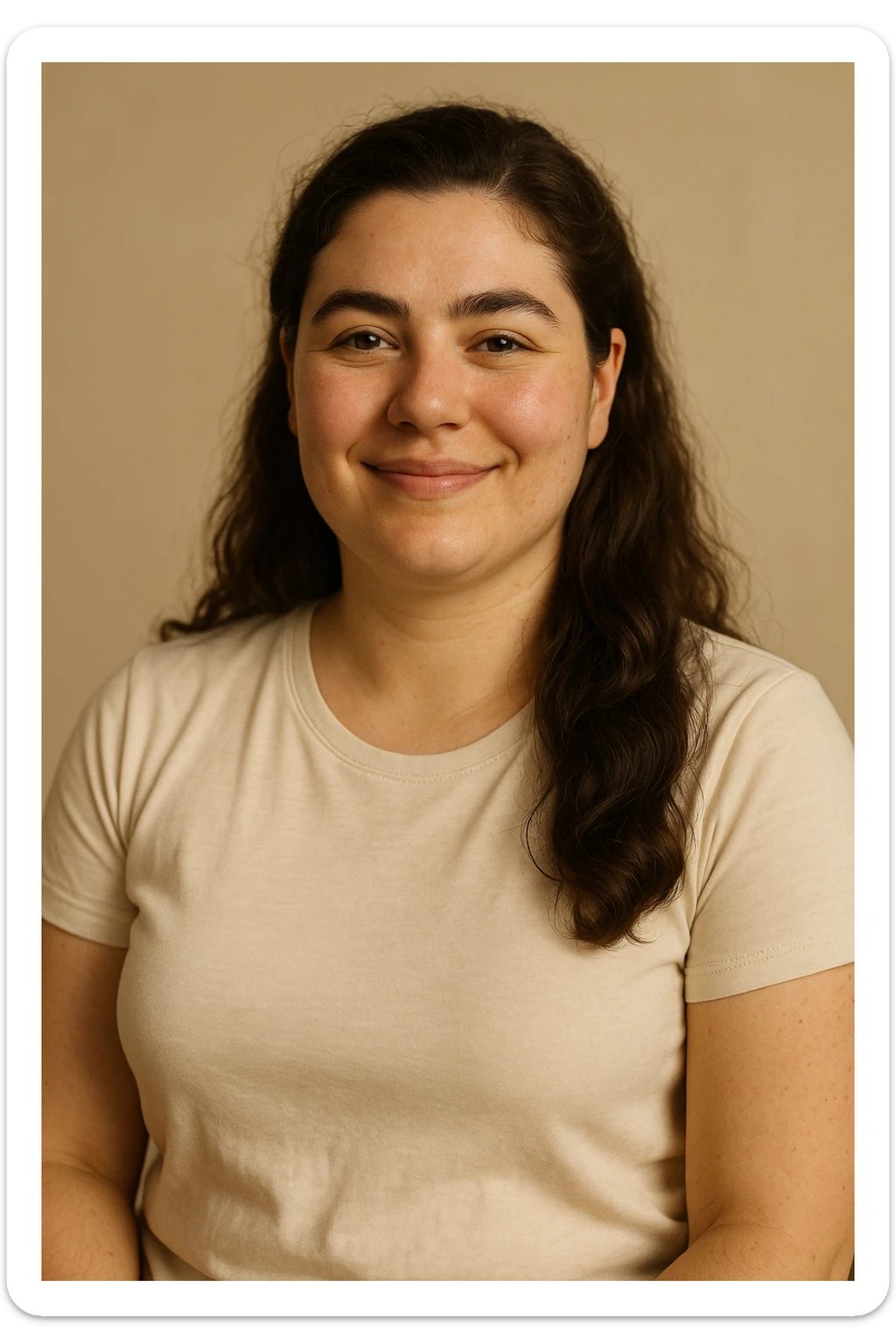 realistic portrait of a woman with PCOS who has reduced symptoms, relaxed and happy face, well-cared skin, thick hair, confident posture, signs of general wellness, reduction of premenstrual symptoms, clinical style, warm lighting, vertical 2:3, no text sticker