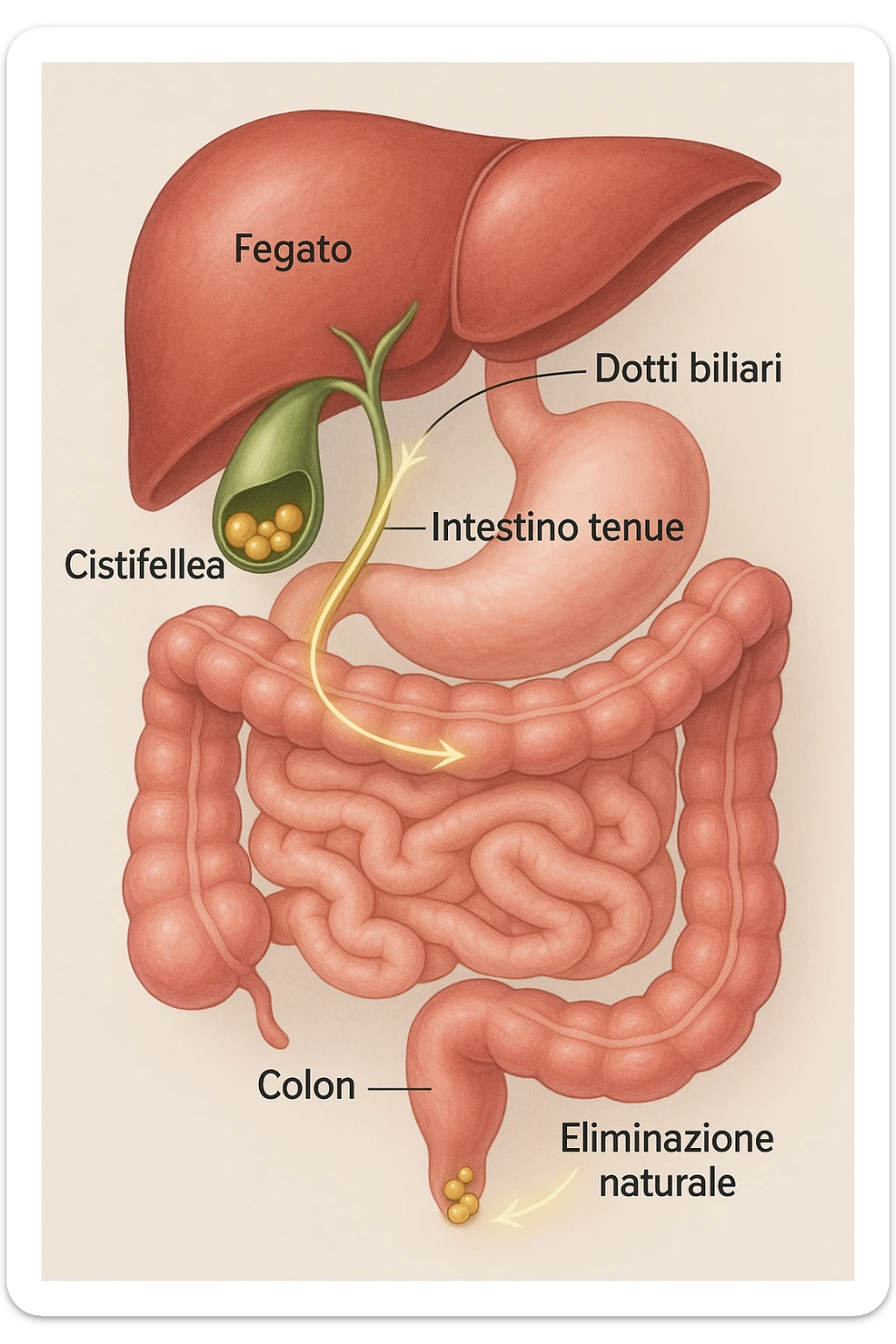 A realistic, educational medical illustration showing the human digestive tract focusing on the liver, gallbladder, bile ducts, and intestines. The gallbladder is depicted with small gallstones inside. A soft glowing arrow indicates the flow of bile and small stones moving naturally from the gallbladder through the bile ducts into the intestines. In the colon, small softened gallstones are shown being prepared for elimination, symbolizing their removal through bowel movements. The style is clean, precise, and clear with soft anatomical colors (greens, soft reds, and yellows) and faint glowing arrows to illustrate the process. The background is a subtle neutral gradient to keep the focus on the organs and the pathway. The image conveys the concept of natural gallstone elimination through the intestines via the stool in a clear, non-graphic, and educational way in italiano sticker