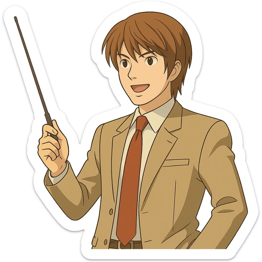 Light Yagami in Ghibli style, standing and pointing a teacher's stick upward, confident expression, transparent background. sticker