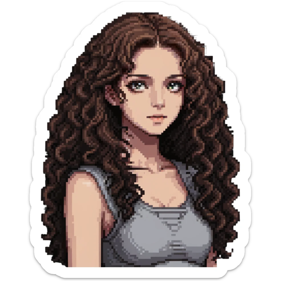 girl with longer curly hair parted on the side, dark eyes and light makeup sticker