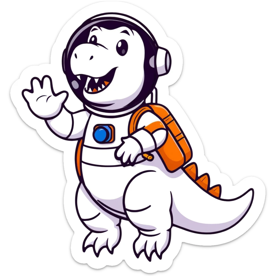 cartoon sticker of a t-rex astronaut waving, stars in background sticker
