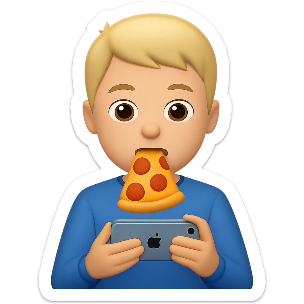 Change the food to pizza, keep the boy watching videos on his phone, emoji style, casual clothes, with no background. The style should resemble apple style emojis. sticker