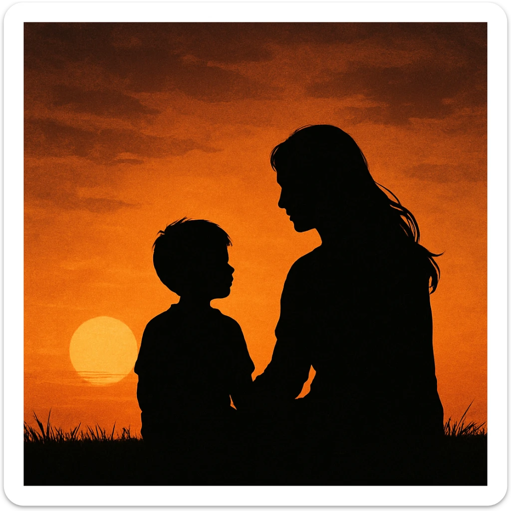 Silhouette of a mother and son watching the sunset together, serene and artistic sticker