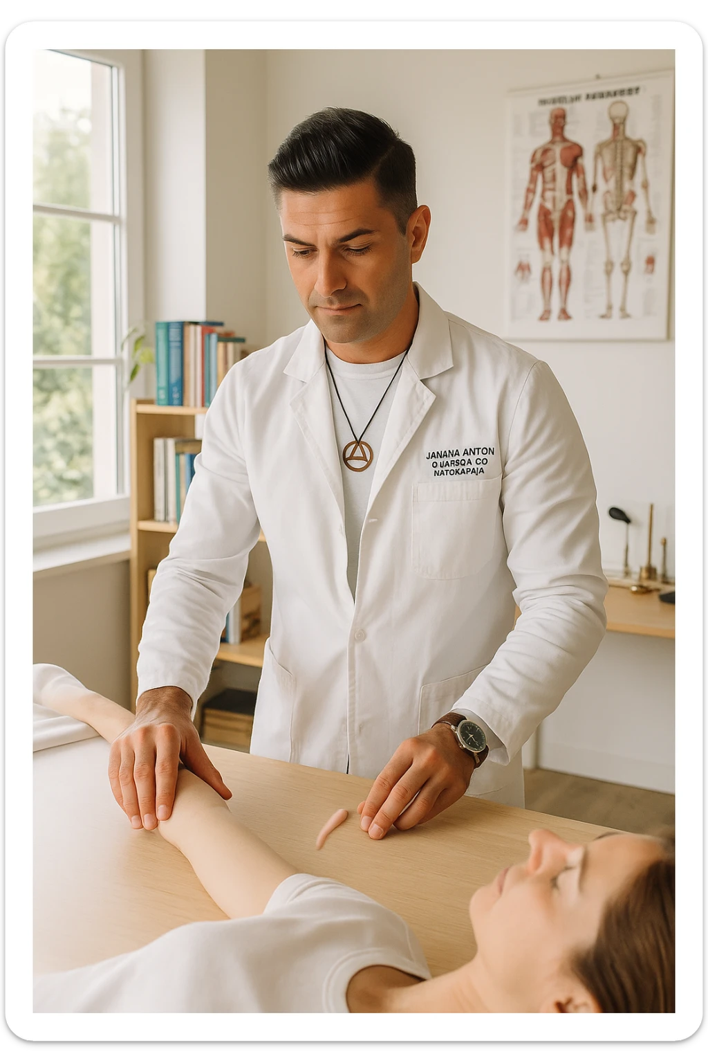 a middle-aged man, dressed in casual professional attire, is in a bright, organized therapy studio. Durante una visita di kinesiologia, il praticante tiene con una mano la foto di una persona lontana (il “testimone”) appoggiata su un tavolo, mentre con l’altra mano esegue un test muscolare su un cliente presente. Sullo sfondo si vedono libri di kinesiologia, poster anatomici e strumenti tipici della disciplina. L’atmosfera è concentrata e serena, con luce naturale che entra dalla finestra, sottolineando l’aspetto alternativo e umano della pratica. sticker