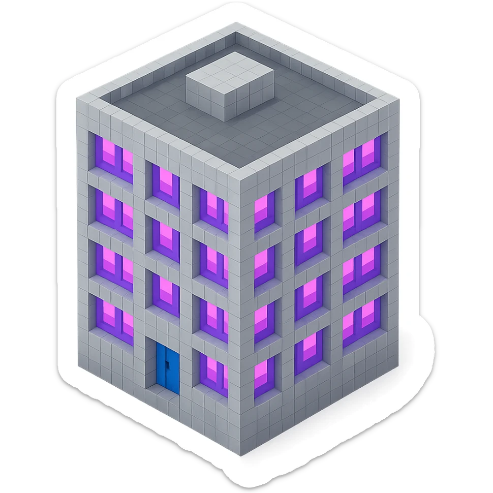 Russian panel apartment building, square block shape, light gray concrete, windows glowing with ultraviolet color, isometric view sticker