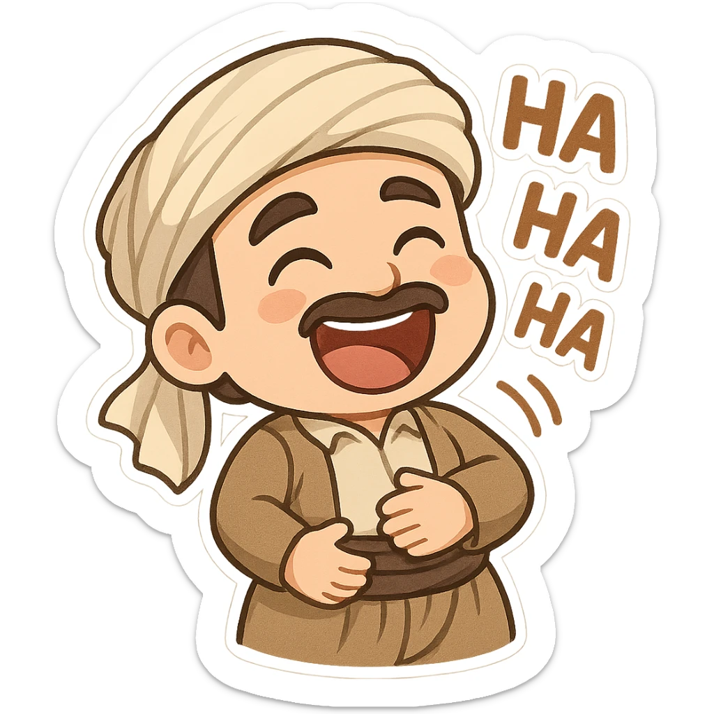 Kurdish sticker, cartoon style, Kurdish man or woman in jamadani, laughing hard, eyes closed, hand on belly, no text sticker