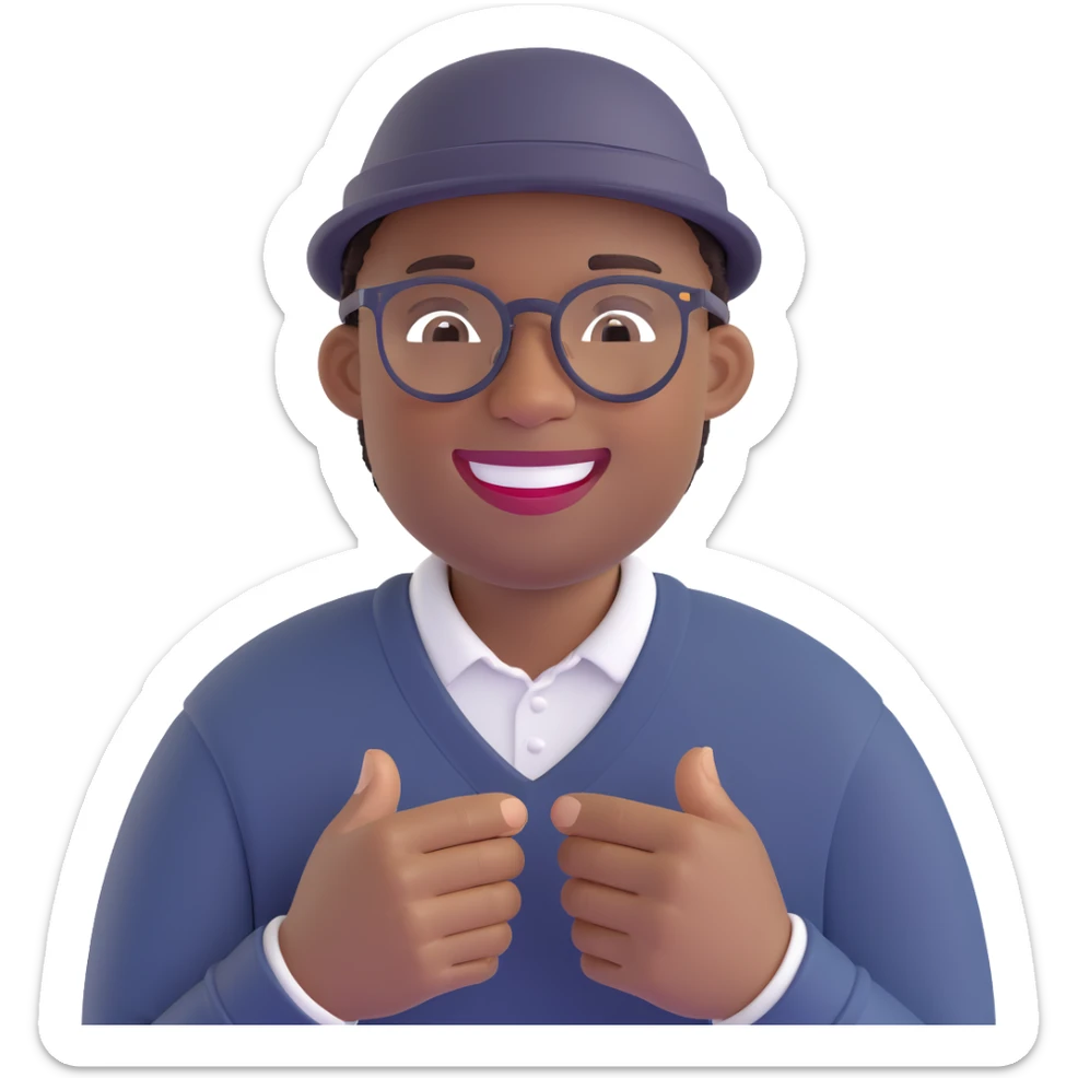 black man with glasses, smiling, inspired by Soul movie, wearing a hat and sweater sticker