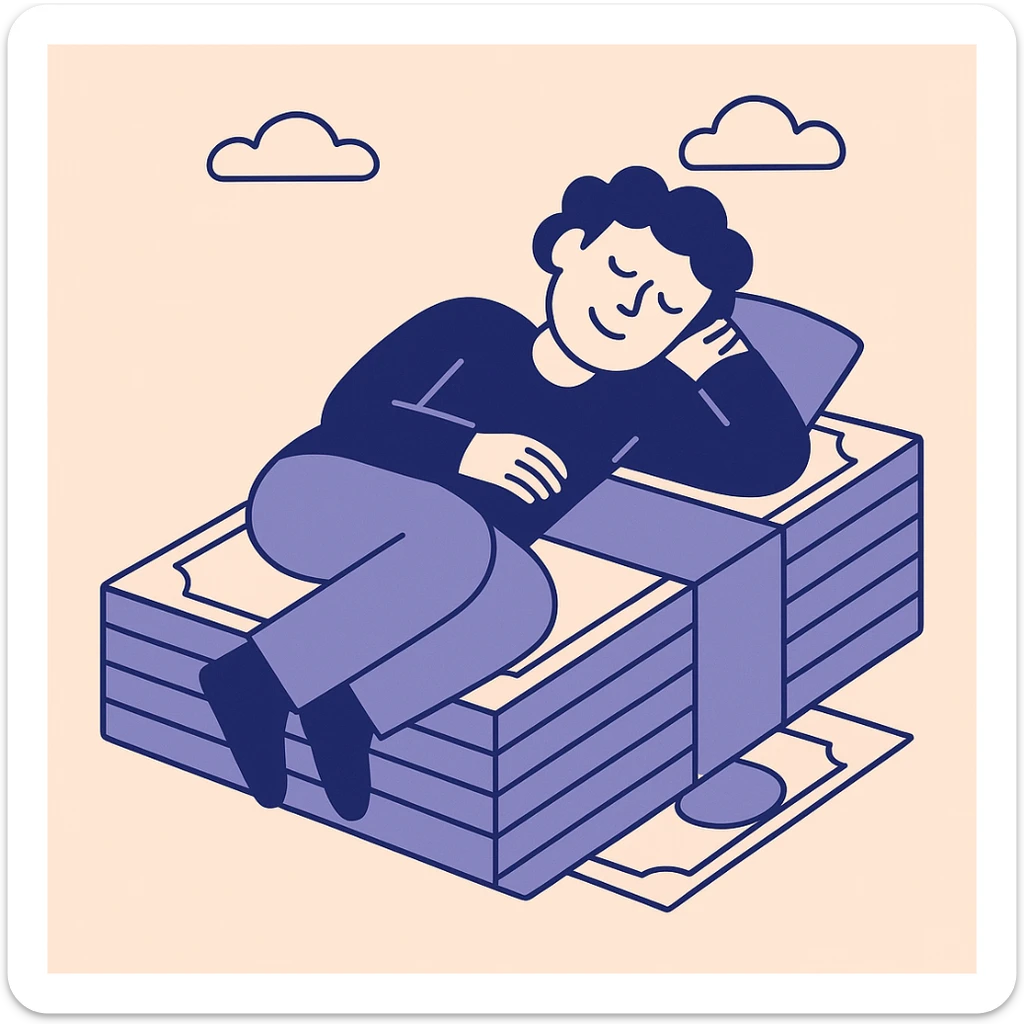 happy person napping on mattress of money sticker