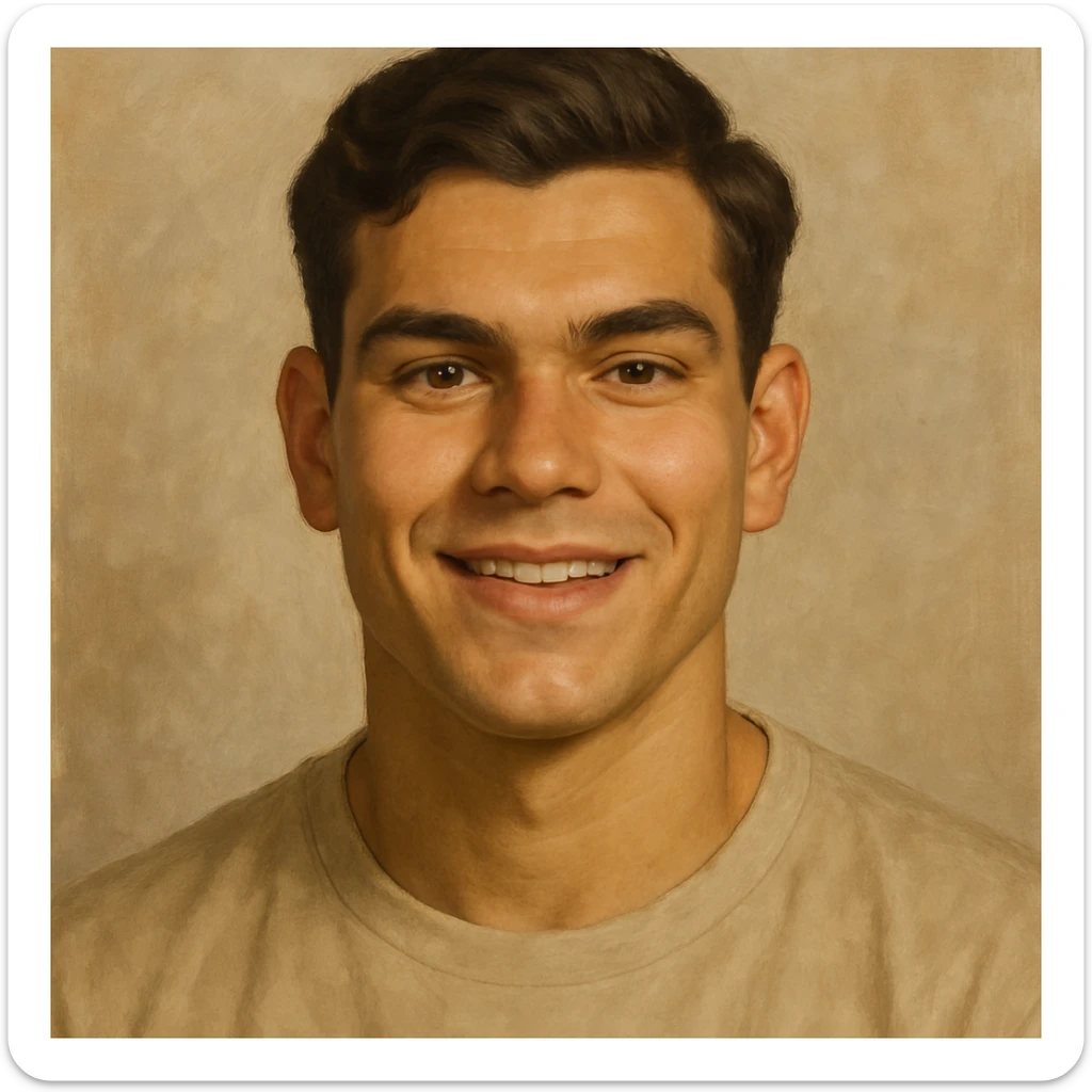 portrait of a young man, early twenties, square face, strong jawline, prominent cheekbones, broad forehead, thick arched eyebrows, hazel almond eyes, prominent eyelids, wide nose bridge, upturned nose tip, full lips, thinner upper lip, wheat skin, dark brown wavy hair combed right to left, normal ears, sincere happy smile, semi-realistic style sticker
