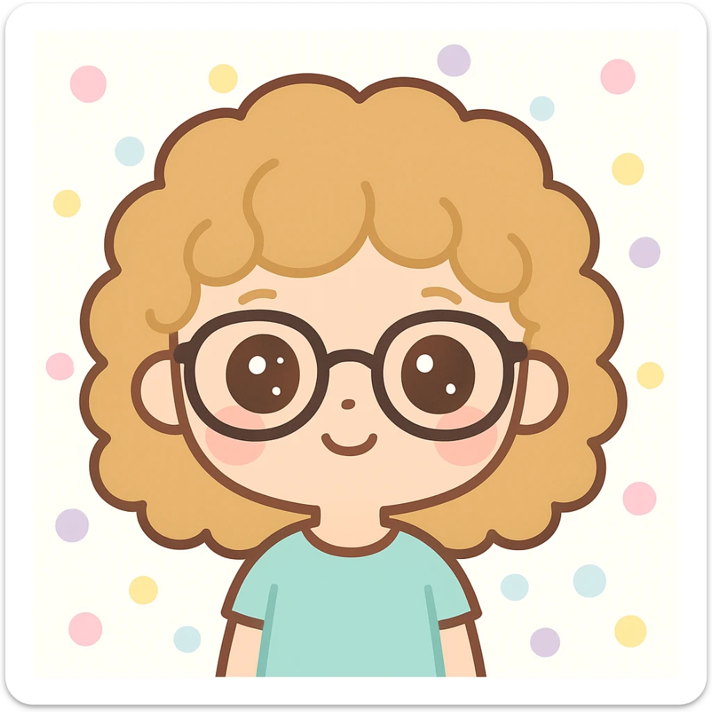 kawaii style avatar of a girl with dark blonde curly hair, black glasses, brown eyes sticker