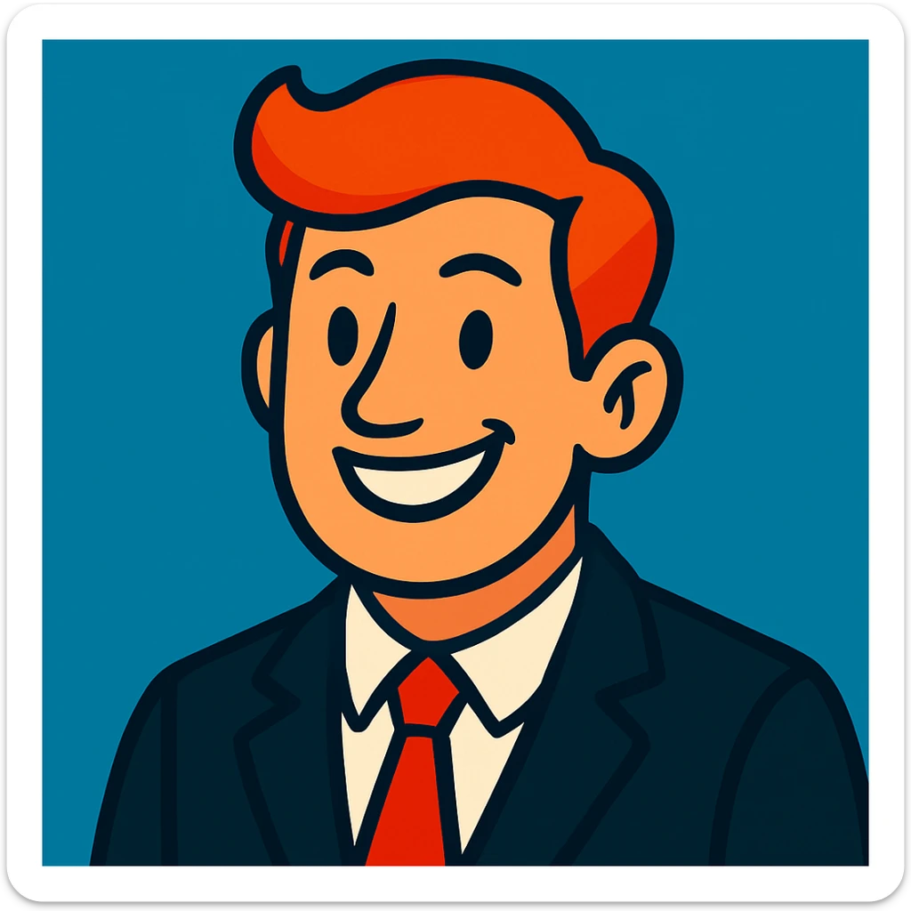 Headshot of a red-haired man in a black suit with a red tie, smiling, showing only the head and a bit of the torso, no beard, vibrant toon style. sticker