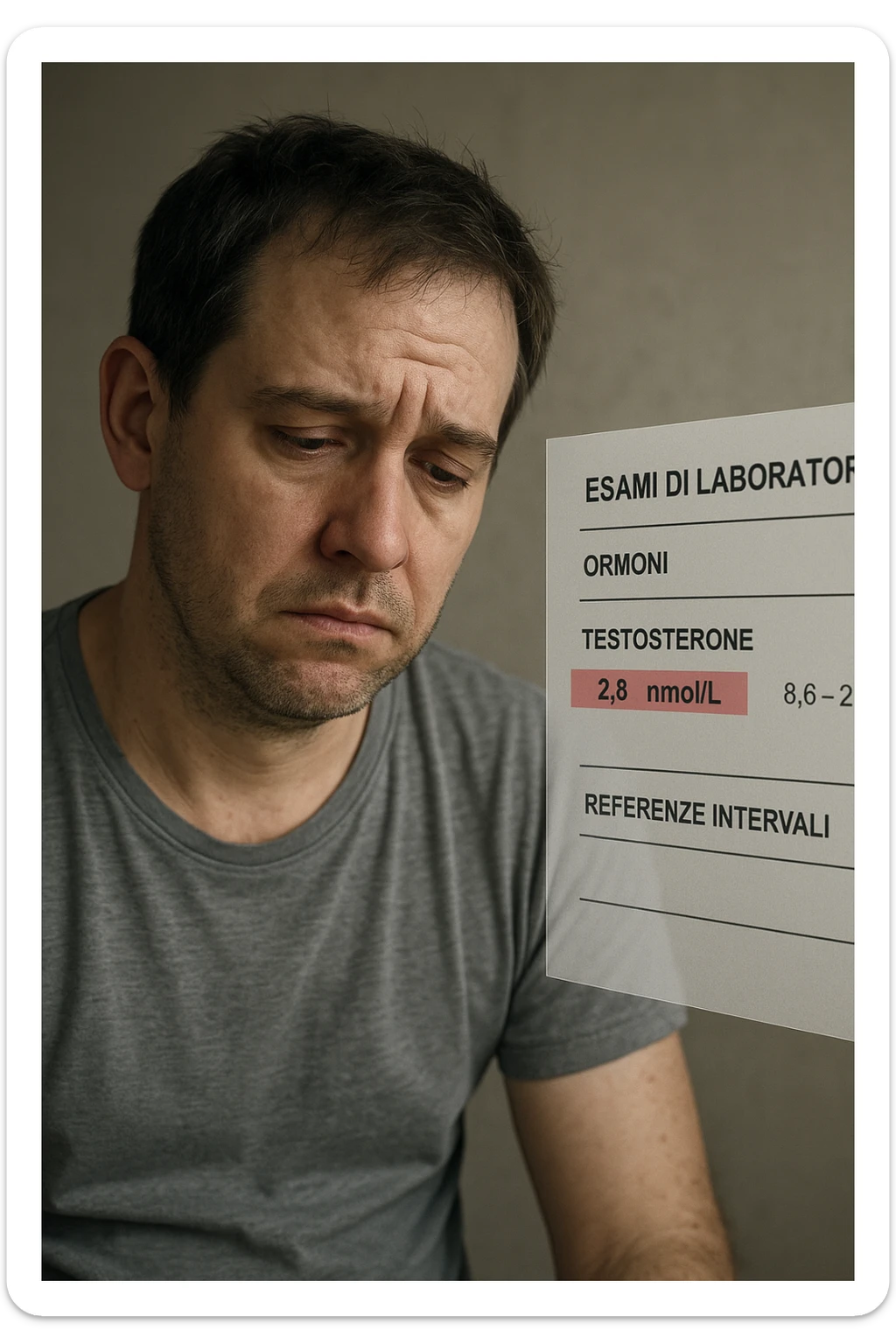 Un uomo caucasico di 35-45 anni, in CGI fotorealistico, che mostra i segni fisici ed emotivi di un basso livello di testosterone. aggiungere un referto medico semi-trasparente fluttuante accanto a lui, con valori di testosterone evidenziati in rosso. in italiano sticker