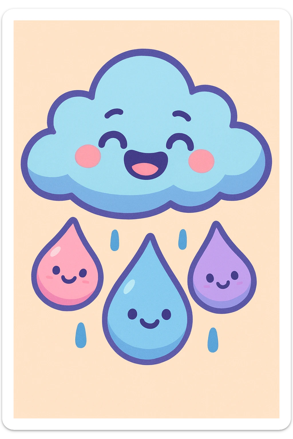 adorable rain icon with chubby raindrops with happy faces, pastel colors, playful and cute sticker
