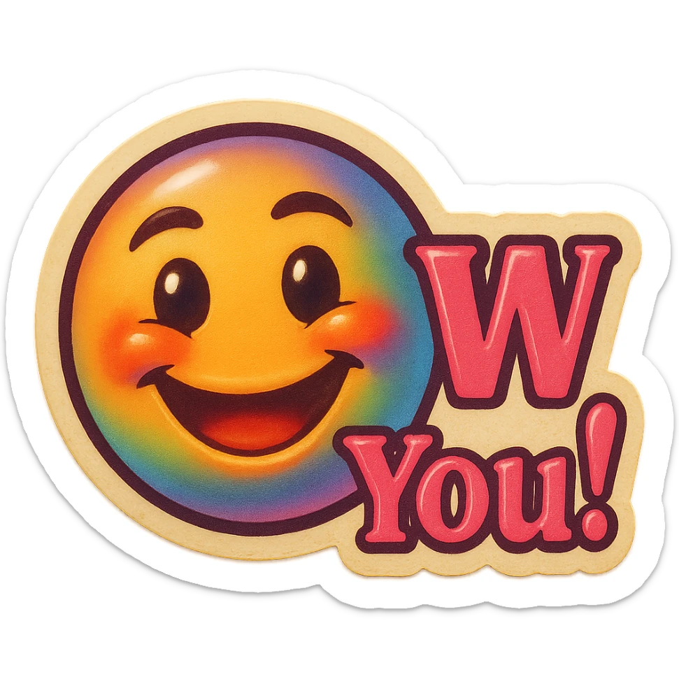 excited smile with mouth closed 
add the words W You! in pink sticker