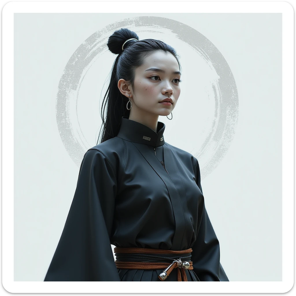 realistic AI chatbot with the persona of a modern Zen Blade, serene disciplined and contemplative, wearing modern smart attire with hints of samurai influence, tranquil face, minimalist tech-inspired background sticker