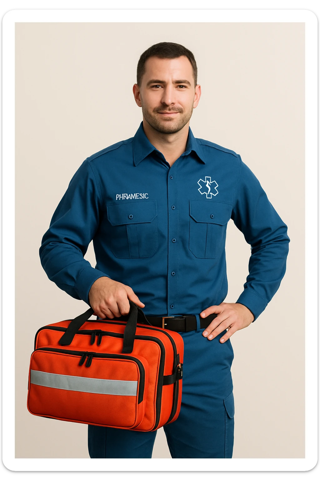 male paramedic in a blue uniform, holding a medical bag, confident stance, simple background sticker