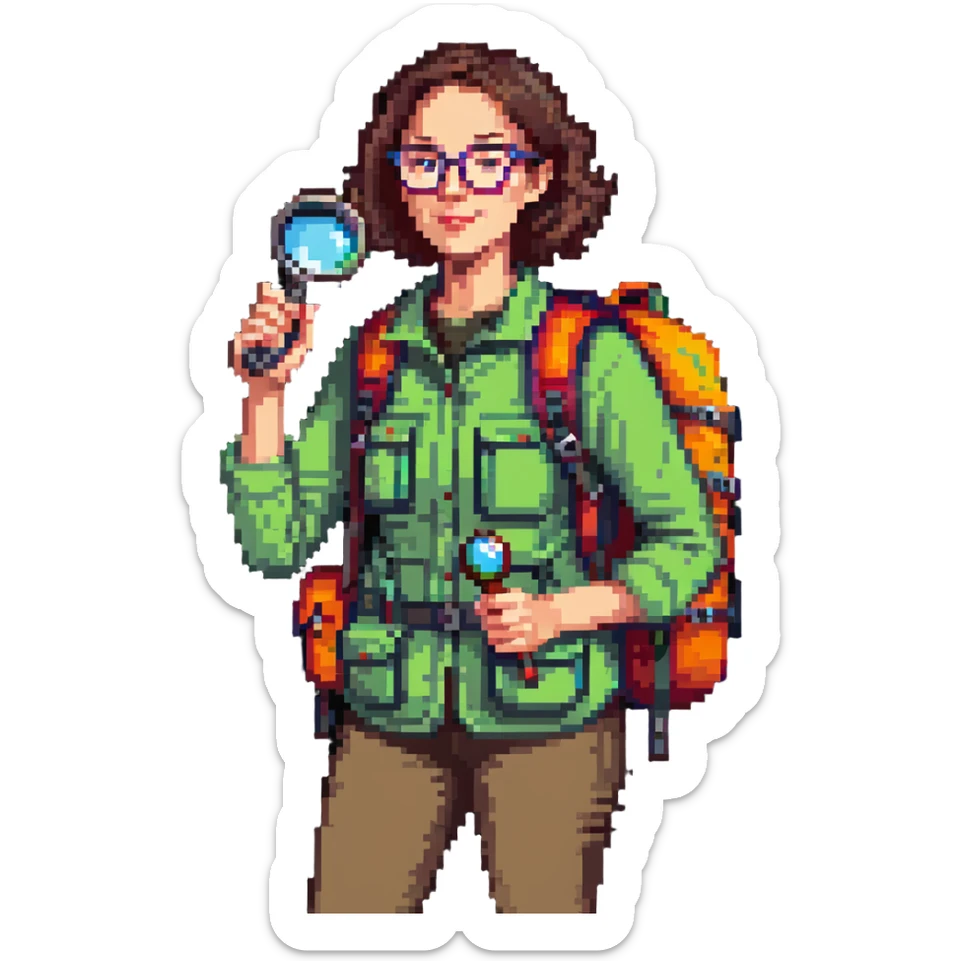 Enthusiastic woman naturalist in her 40s with glasses, colorful hiking outfit, backpack, holding magnifying glass sticker