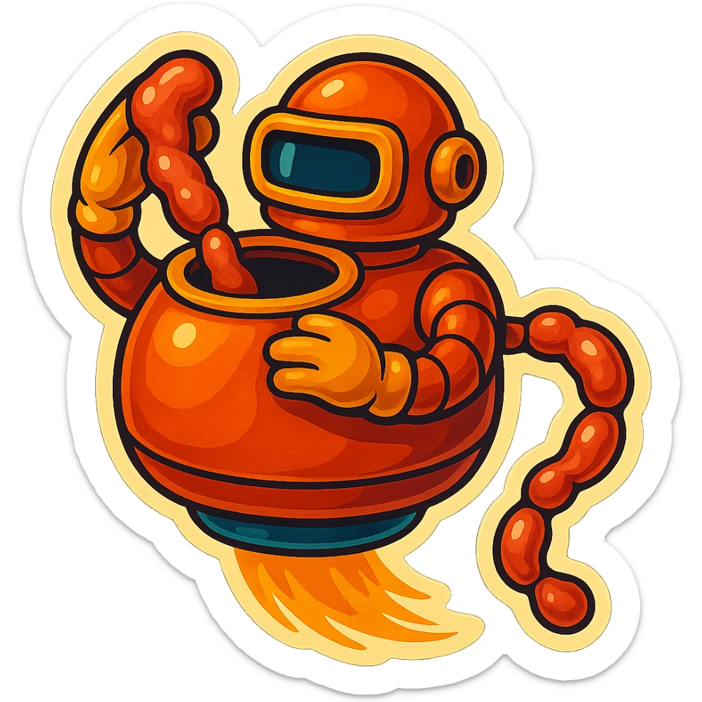 a robot that uses arms to put meat in large hole on top. sausage links come out robots rear. no legs on robot. robot hovers. robot feeds itself meat sticker