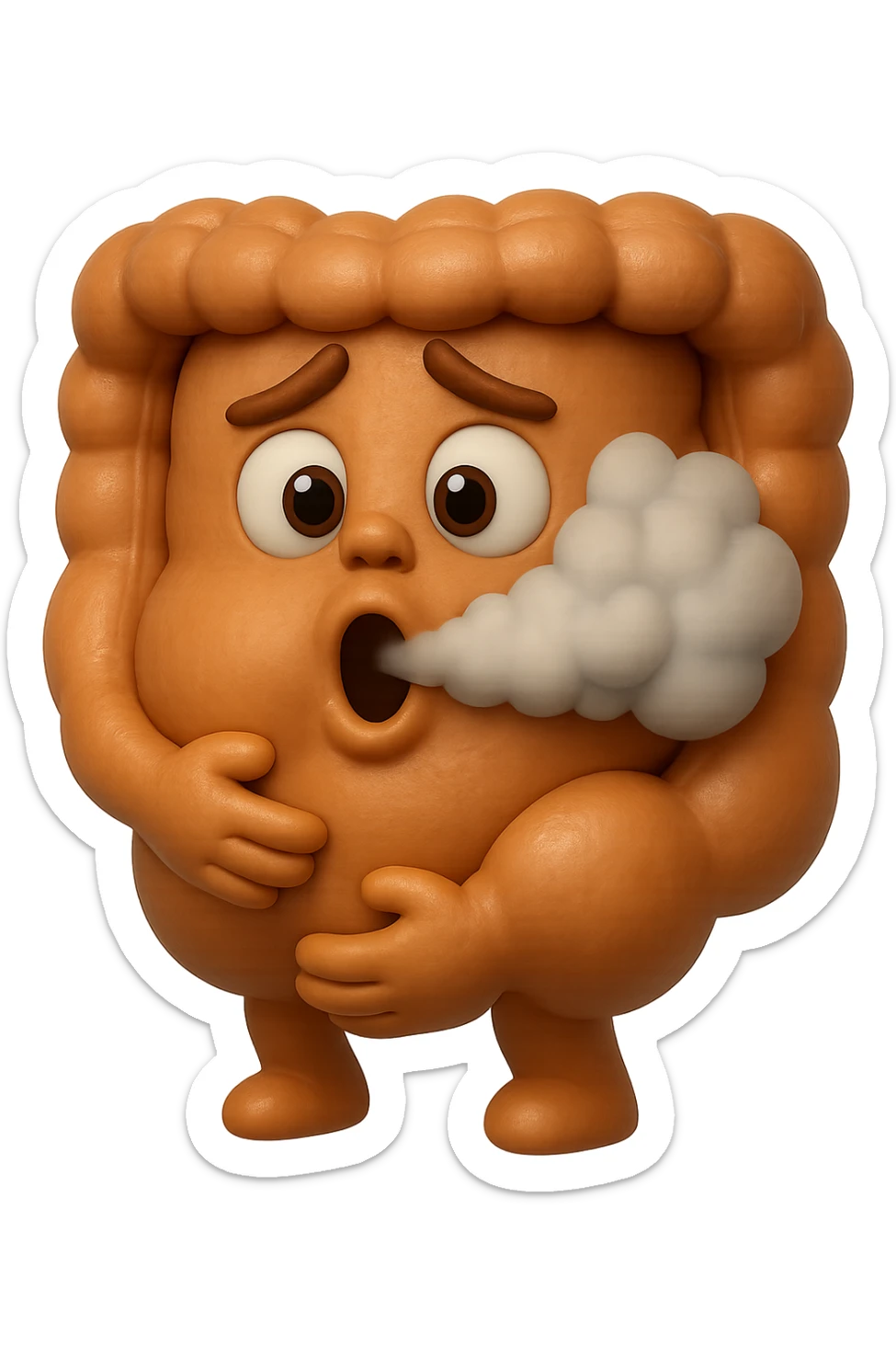 emoji stile iphone di un intestino che ingoia una nuvoletta di aria ben visibile e gli si gonfia la pancia, iperrealistico 4k sticker