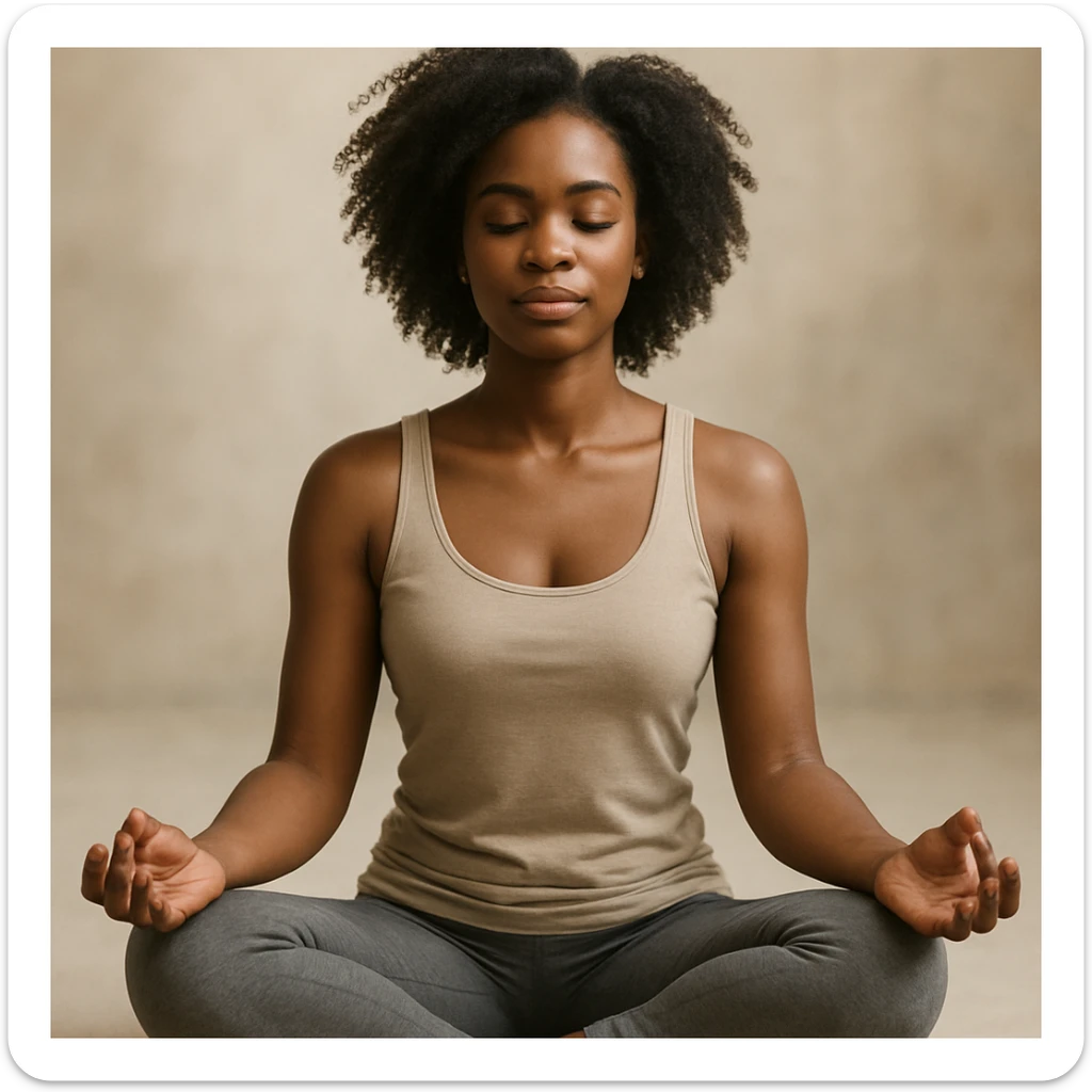realistic style portrait of a black woman meditating, sitting in lotus position, with a soft background sticker