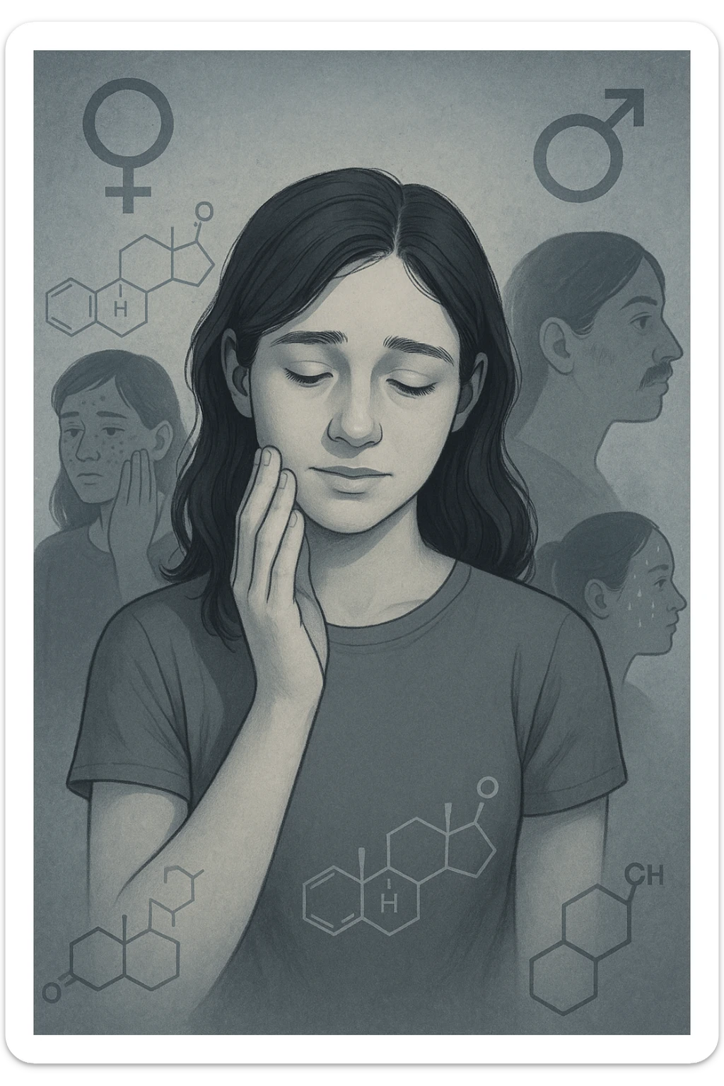 A young woman is surrounded by faint overlays of hormonal symbols and androgen molecules, with shadowy images of acne, facial hair, and oily skin projected around her, symbolizing the symptoms of PCOS with androgen excess. She looks down, gently touching her face with a resigned but hopeful expression, symbolizing her journey toward managing these symptoms. sticker
