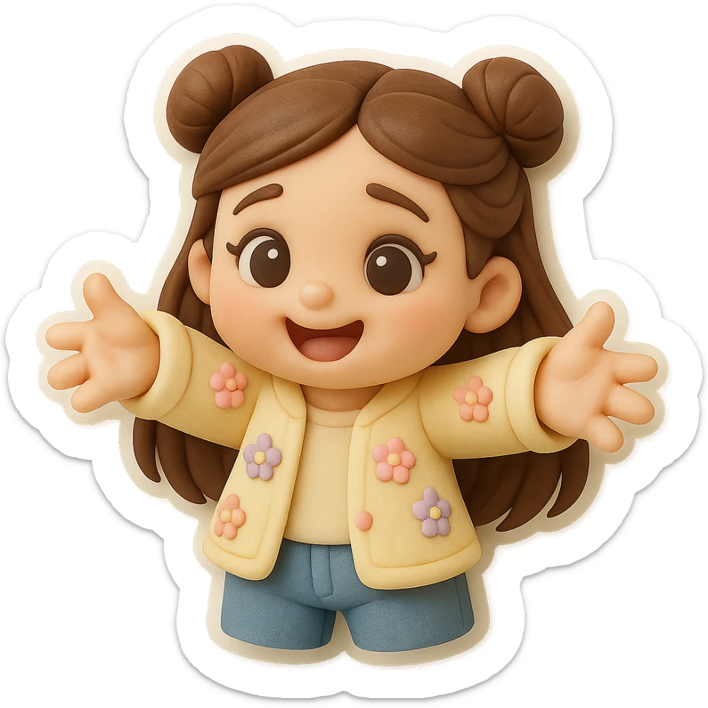 3D chibi fondant cake art style, high-quality rendering with smooth shadows and soft gradients. Girl based on reference image with long brown hair in two space buns, brown eyes, jeans, pastel floral cardigan, thick white outline like a sticker, transparent background. Reaching out both arms for a joyful hug. Ensure the face and hairstyle match the reference exactly. sticker