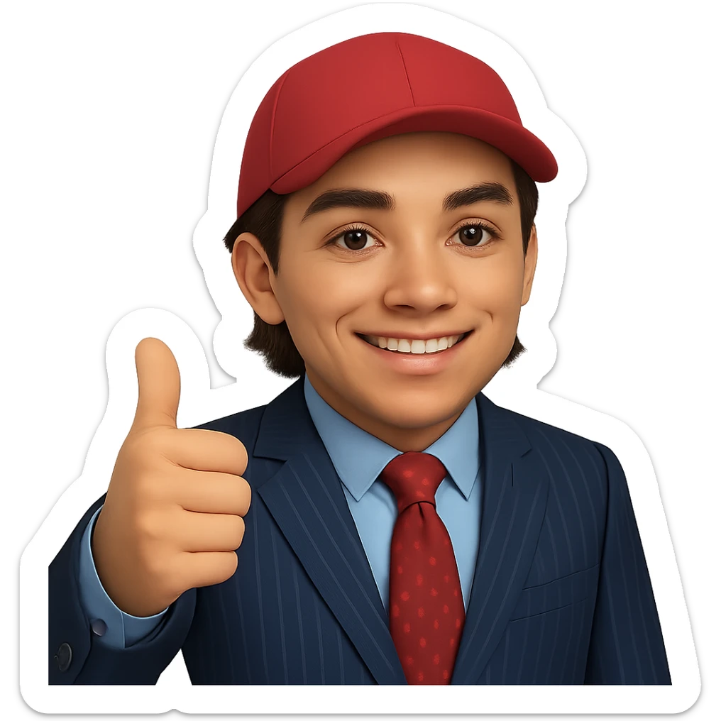 Create a 70% realistic emoji of a smiling man in a pinstripe suit and red cap, giving a thumbs up. The style should blend emoji and realism with even more realistic details than the 60% version but still not fully photorealistic. Transparent background. sticker