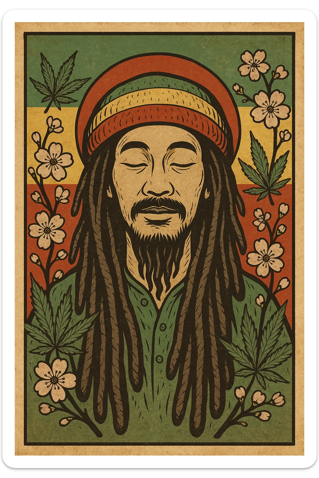Vintage poster of an Asian Rasta with long dreadlocks, peaceful eyes, and a red-gold-green tam. Surrounded by cherry blossoms and ganja leaves. Background blends Rasta colors into an Asian flag (e.g., red sun from Japan or Chinese star). Retro reggae fusion vibe, with bold lines and aged paper texture.
 sticker