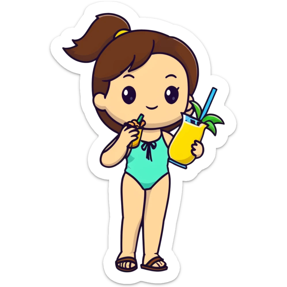 Very tan skinned girl with brown hair wearing a summer outfit sipping a piña colada sticker