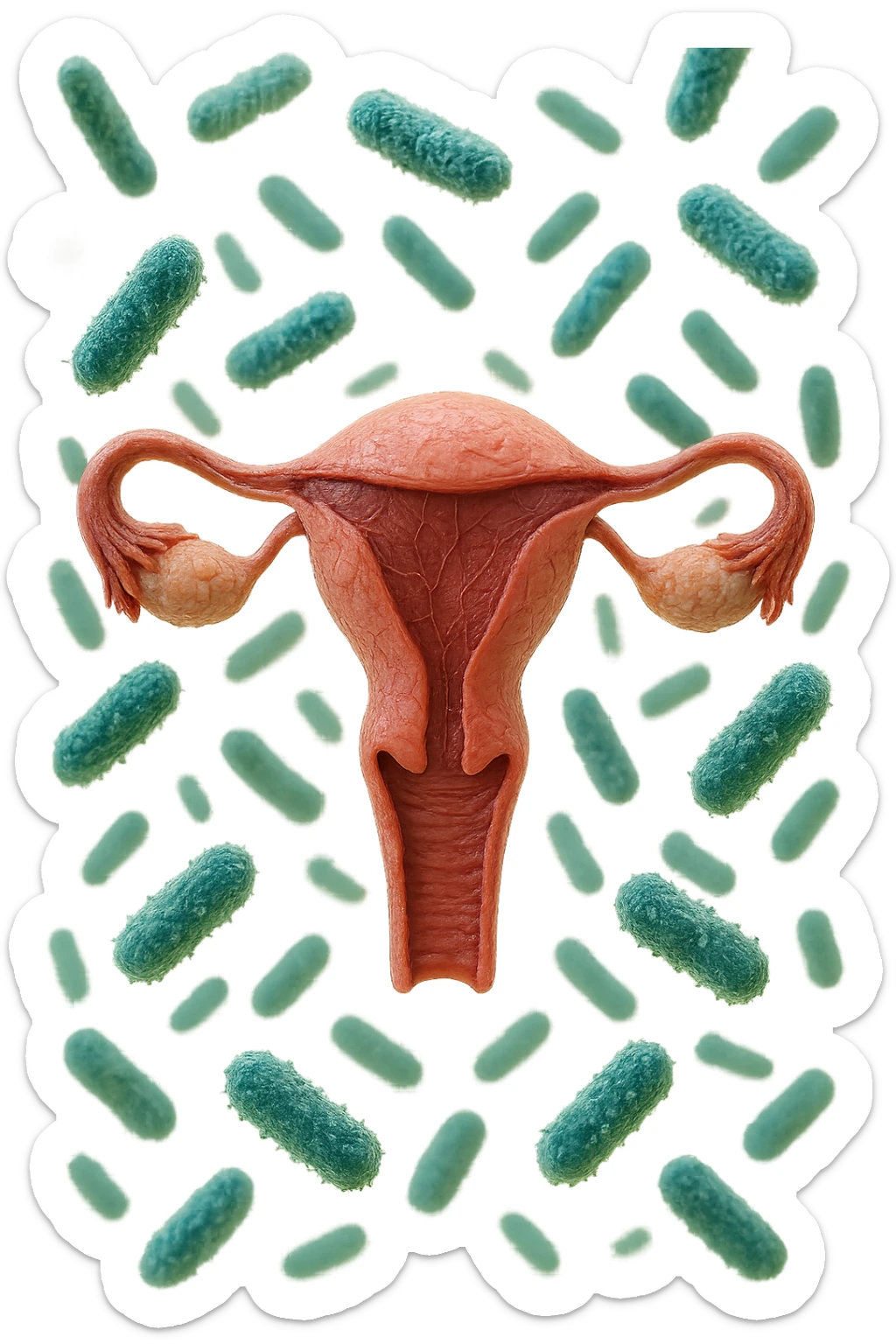 batteri intestinali fluttuano intorno ad un utero umano anatomico, iperrealistico 4k sticker