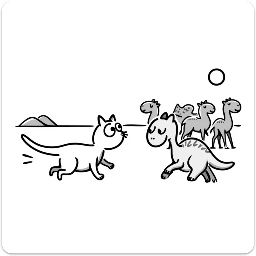 A white cat chasing a T-Rex in the desert with a herd of camels staring at them sticker