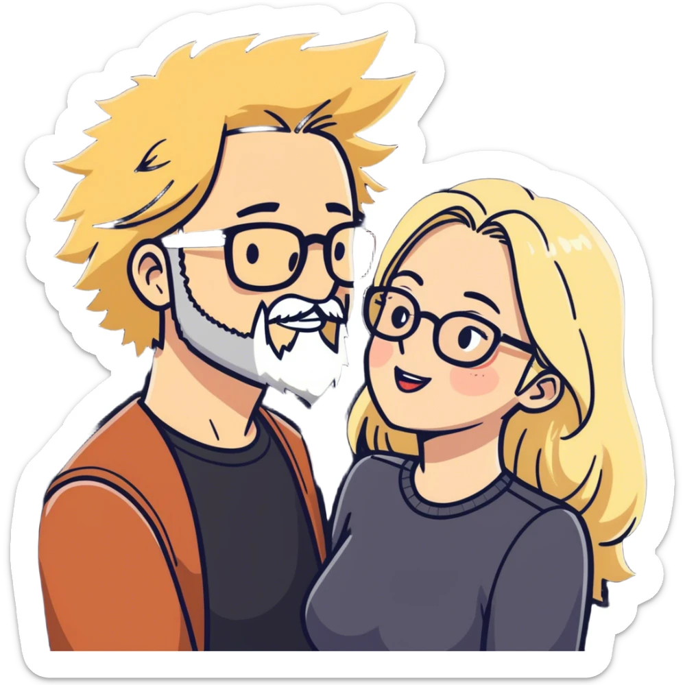Hyper realistic couple in love, man had short spiky salt and pepper hair and a short stubbly beard and no glasses. The lady is blonde long hair and curvy and wears glasses and makeup sticker