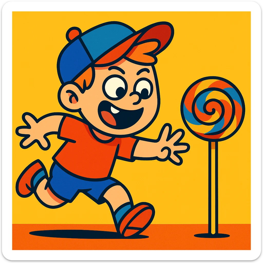 a mischievous child grabbing a lollipop, vibrant colors, toon style, playful and fun sticker