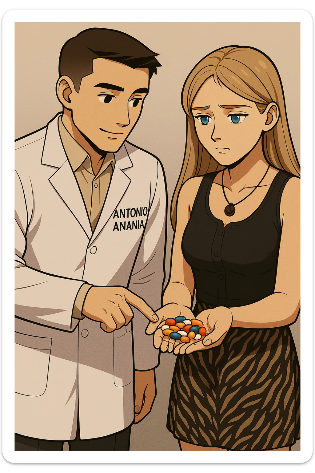 fai un webtoon/manga a colori con questo kinesiologo in camice bianco (fagli la scritta "ANTONIO ANANIA" SUL CAMICE) CHE PARLA CON QUESTA RAGAZZA CON GLI OCCHI AZZURRI. LA RAGAZZA HA UN PUGNO DI INTEGRATORI IN MANO (TANTE PILLOLE DIVERSE) E LE GUARDA DUBBIOSA. IL KINESIOLOGO CON IL CAMICE BIANCO LE TOCCA LA PANCIA CON UN DITO. NON FARE I FUMETTI, FAI SOLO LORO COME SE DIALOGASSERO sticker