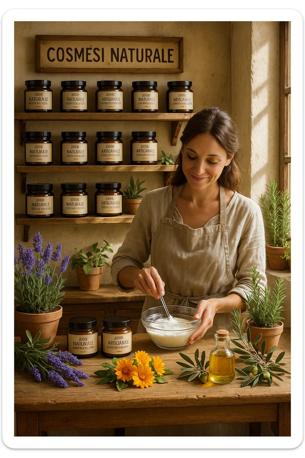 A realistic, high-quality photo of a small artisan skincare laboratory in Italy, with wooden shelves displaying beautifully packaged glass jars of natural creams made with herbal and botanical extracts, olive oil, and essential oils, clearly labeled ‘100% Natural’ and ‘Artisan Made in Italy’. The scene includes a bright, sunlit rustic workspace with plants, fresh lavender, rosemary, calendula flowers, and olive branches on the wooden counter, symbolizing purity and nature. A female artisan in a linen apron is carefully mixing creams in a glass bowl, smiling softly. The environment feels warm, authentic, and eco-friendly, emphasizing the concept of handcrafted skincare without synthetic chemicals in italiano sticker