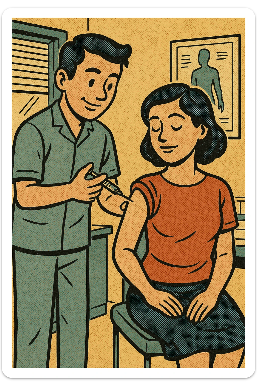 A full body image of a calm mother being injected with a vaccination in the top of her army by a caring male nurse. This is taking place in a doctor's consultation room sticker