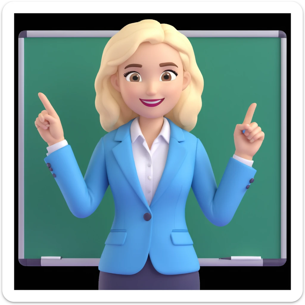 3D cartoon businesswoman, medium-length styled hair (bun or soft waves), expressive eyebrows, cheerful smile, confident and approachable, light-colored blazer over light blue collared shirt, one hand on whiteboard, other hand pointing sideways, professional, neutral indoor background sticker
