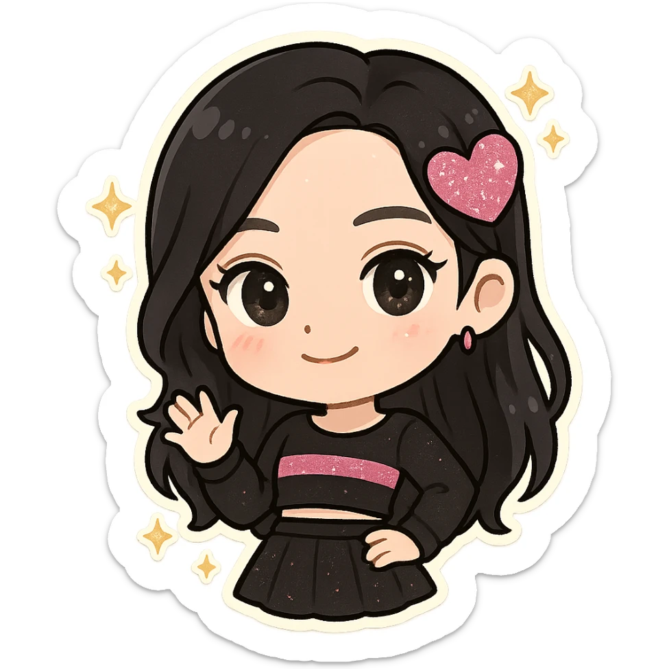 chibi sticker of Jisoo from BLACKPINK, black and pink colors, cute and collectible style, with glitter and sparkles sticker