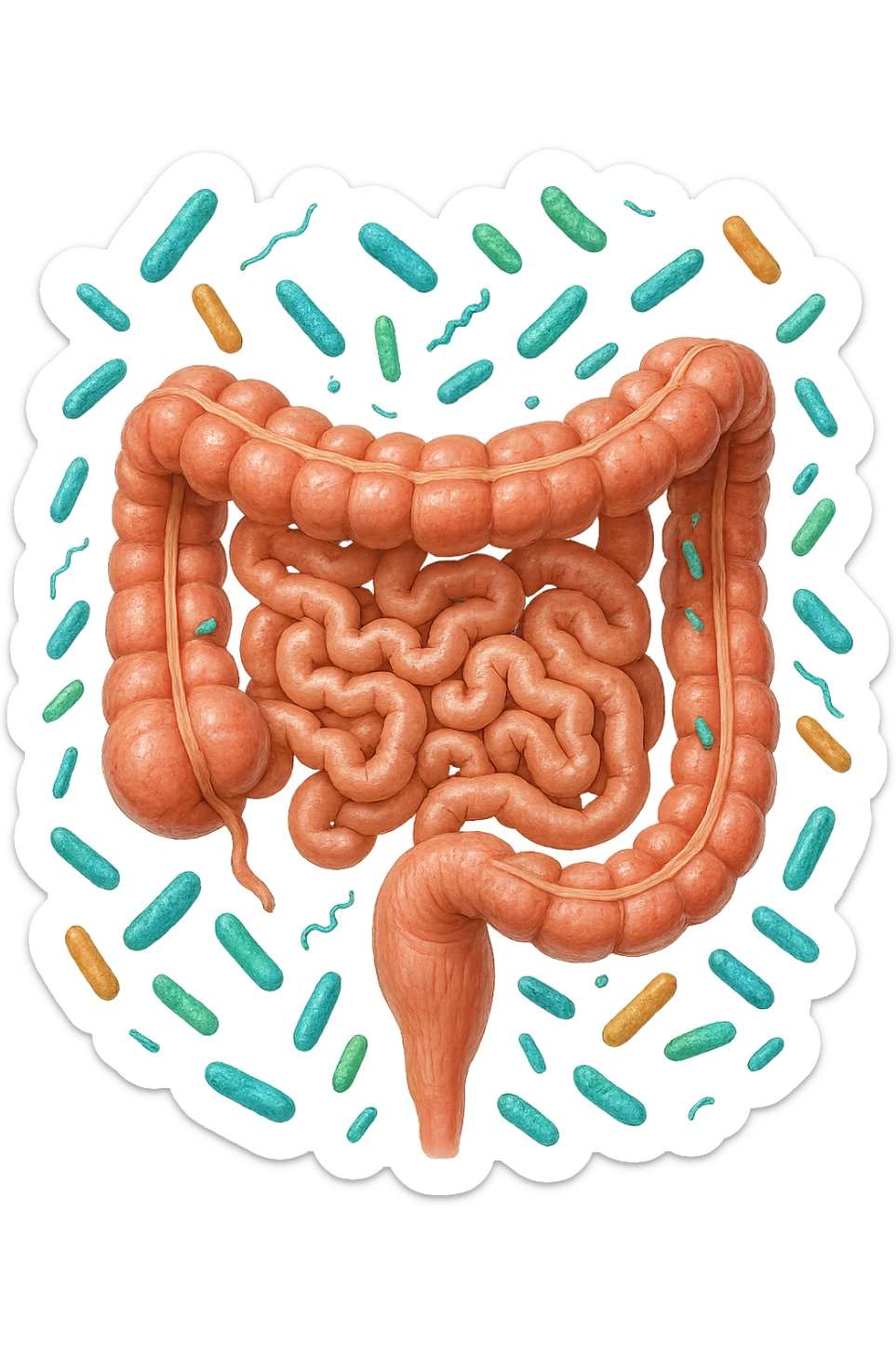 intestino umano anatomico con qualche batterio intestinale che gli fluttua intorno, ISOLATO SU SFONDO BIANCO sticker