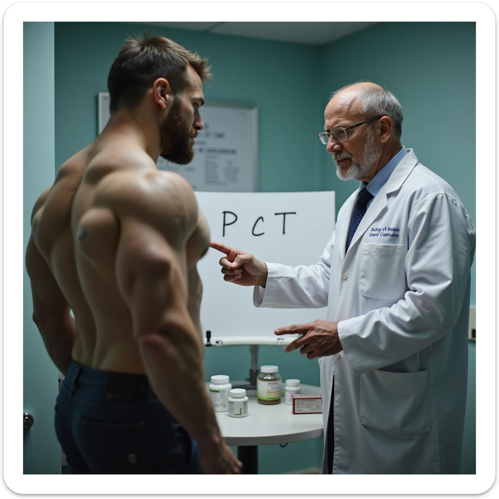 realistic scene of muscular bodybuilder in medical office, doctor in white coat pointing at a sheet with 'PCT' written on it, visible post cycle therapy drugs, clinical and realistic atmosphere sticker