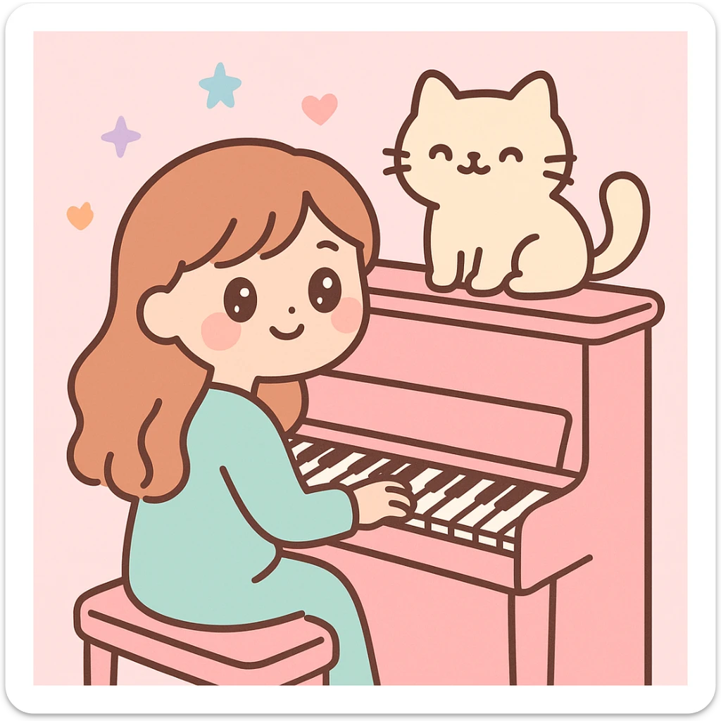 woman playing piano while her cat sits on top of the piano sticker